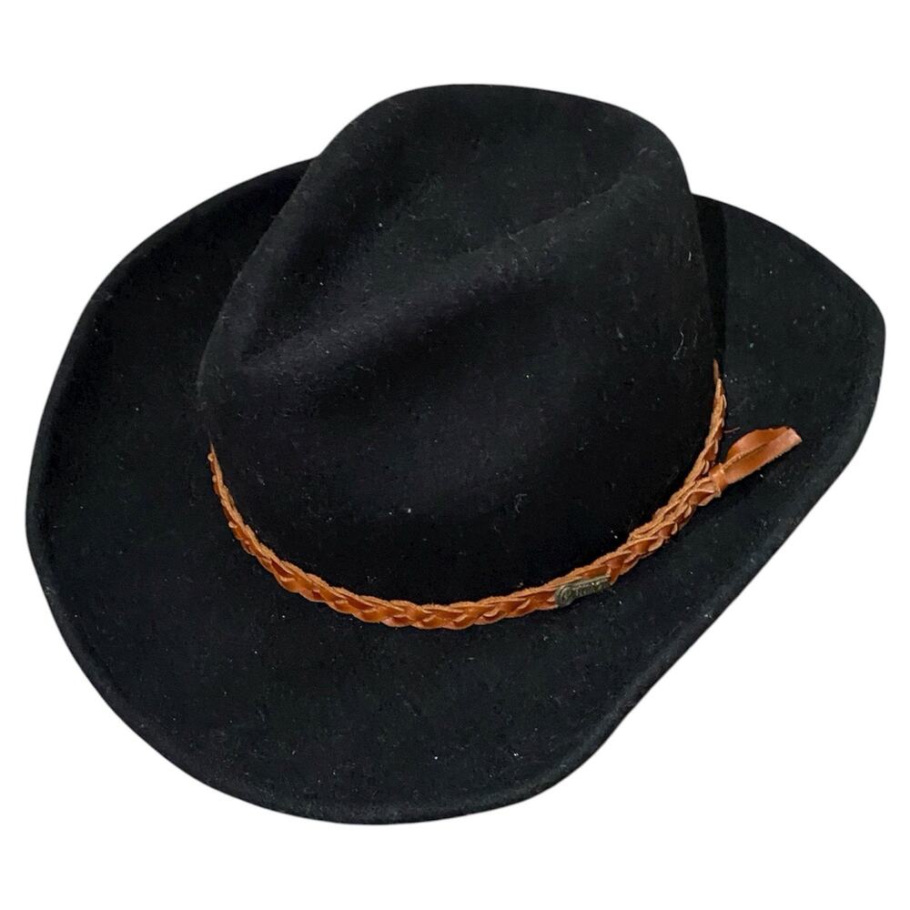 Outback Trading Co Mens 100% Wool Black Cowboy Hat Size brown Leather Braided